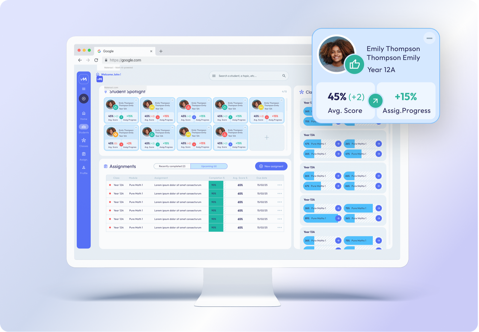 Dashboard de profesor de Materact: student spotlight, asignaciones y seguimiento de estudiantes