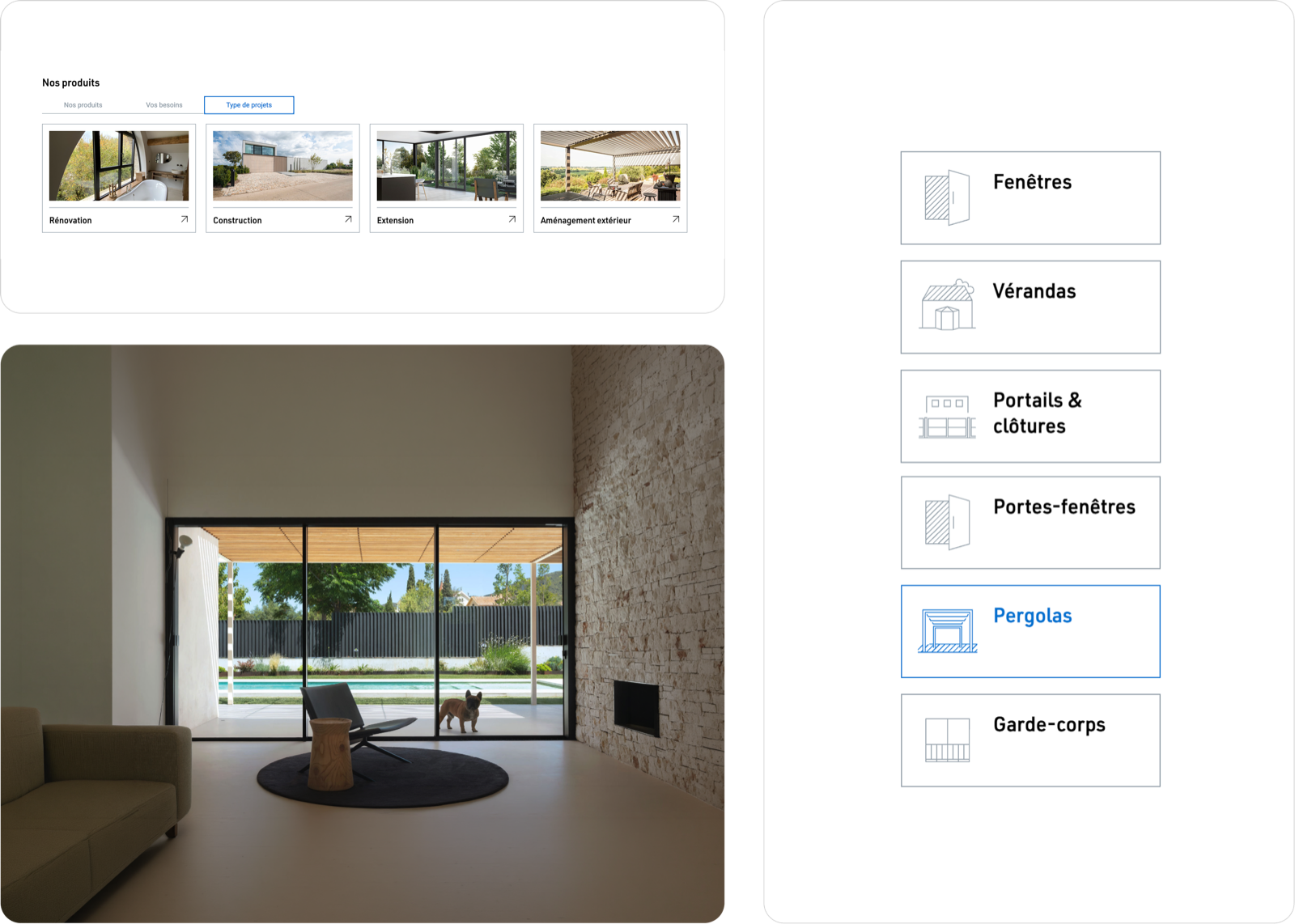Navegación de productos de Technal (Fenêtres, Vérandas, Pergolas…) e interior con ventanales